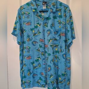 Tom & Jerry Hawaiian Shirt Large Blue Cartoon Print Button Up Rayon Summer Camp